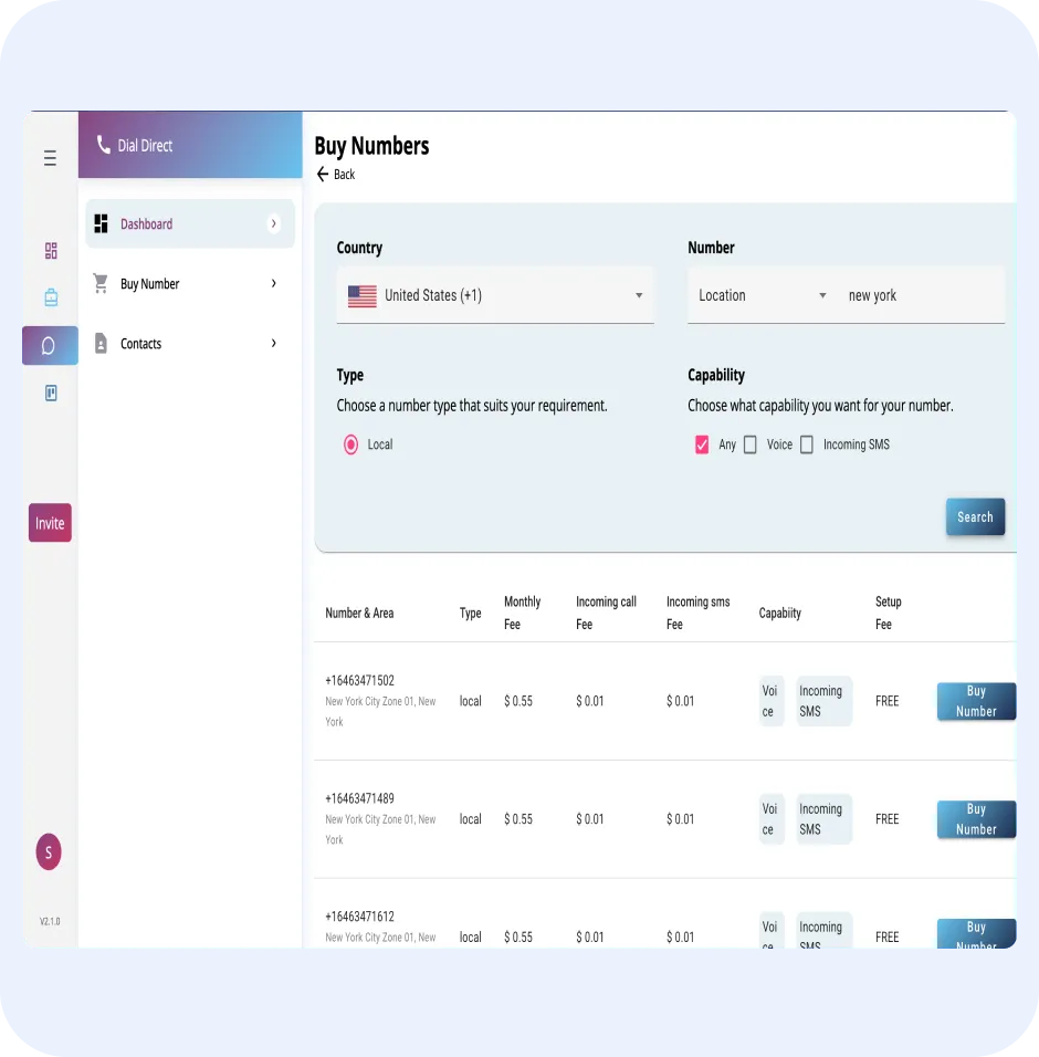 Dashboard interface for ORO AI's Dial Direct service, displaying options to buy virtual phone numbers in the United States, including location selection for New York and features for local numbers.